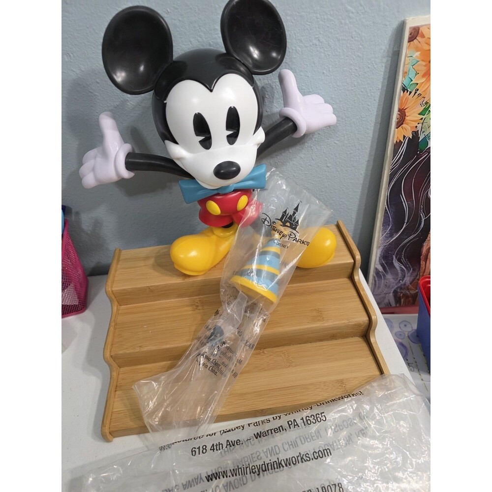 Disney Whirley Drink Works Mickey Mouse Figure Cup & NEW Birthday Hat Straw